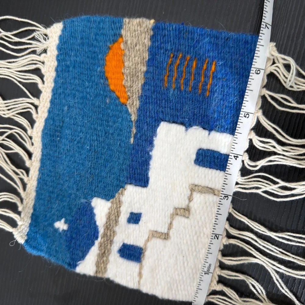 Santorini mini Tapestry 6.5x5.5 Blue Mediterranean folk art Handwoven Wool Art